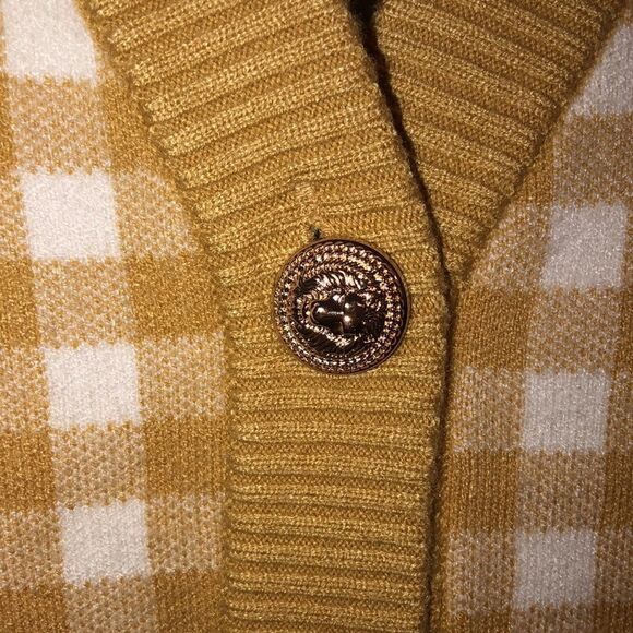 joie L XL Gold White Gingham Boyfriend Cardigan Gold Button Down Pockets - Picture 6 of 11